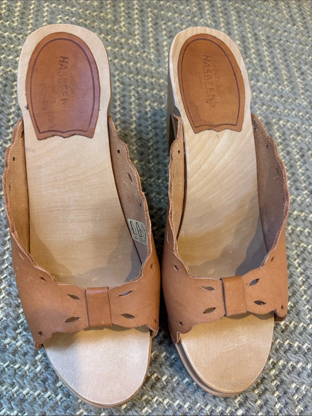 Swedish Hasbeens Cognac Leather Slide Clogs with Bow